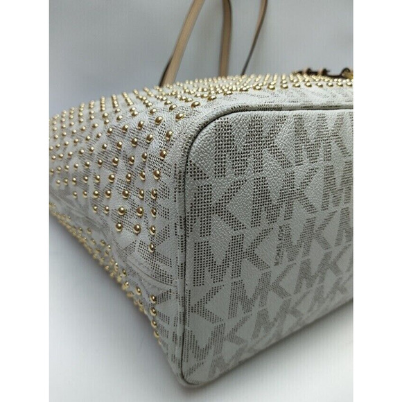 Michael Kors Jet Set Travel Vanilla PVC Leather Gold Studded Large Tote Bag - Picture 8 of 14